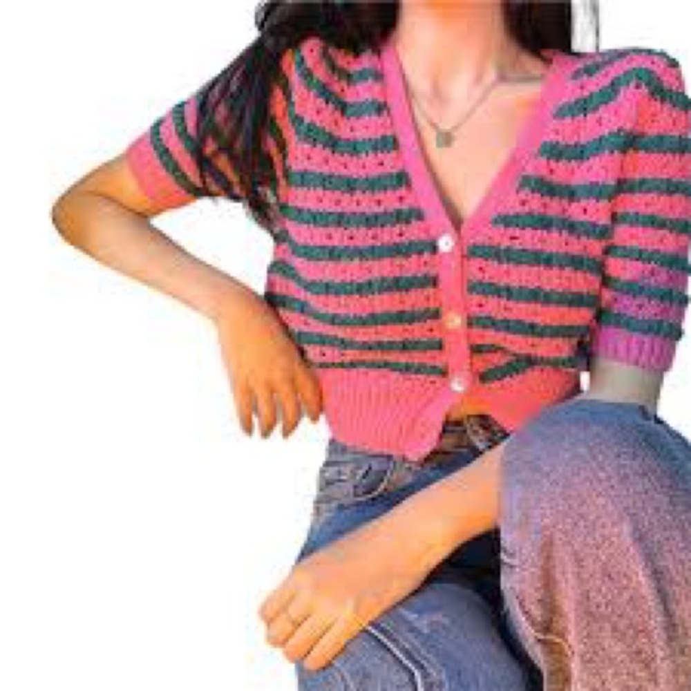 ZARA Pink & Green Striped Open Knit Crochet Short Sleeve Sweater S